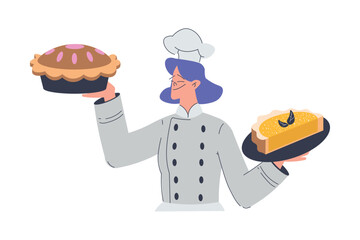 Bakery with Woman Baker Character in Uniform Hold Baked Pie Vector Illustration