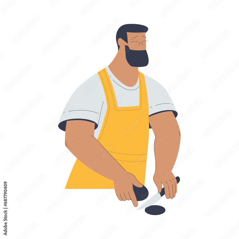 Poster bakery with bearded man baker character in uniform cut something with knife vector illustration