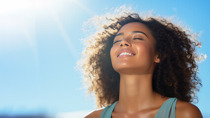 A African woman breathes calmly looking up isolated on clear blue sky