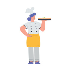 Bakery with Woman Baker Character in Uniform Hold Tray with Pizza Vector Illustration