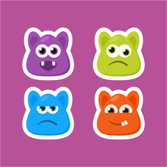Four different colored monsters with eyes and mouths. This asset is suitable for children's books, Halloween graphics, and quirky character designs for products and packaging.