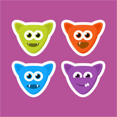 Four different colored monsters with eyes and mouths. This asset is suitable for children's books, Halloween graphics, and quirky character designs for products and packaging.