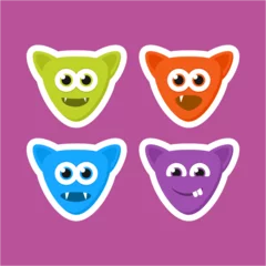 Fotobehang Four different colored monsters with eyes and mouths. This asset is suitable for children's books, Halloween graphics, and quirky character designs for products and packaging. © Husni Geh
