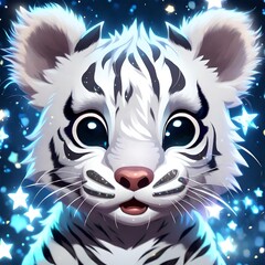 Small white baby tiger with big eyes and shiny sparkles.  3d art. 