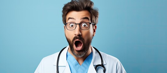 Bearded man in doctor's uniform, skeptical expression, surprised with open mouth at clinic. - obrazy, fototapety, plakaty