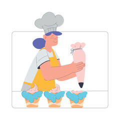 Bakery with Woman Baker Character in Uniform Decorate Cupcake with Cream and Pastry Bag Vector Illustration