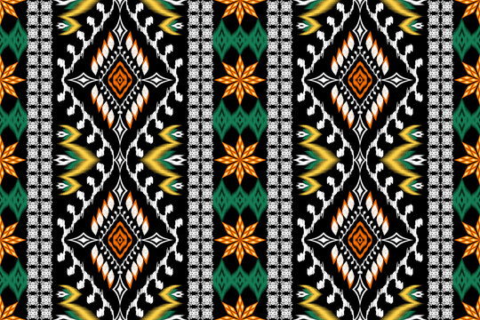 Ikat ethnic aztec embroidery style.Figure Geometric oriental traditional art pattern.Design for ikat background,wallpaper,fashion,clothing,wrapping,fabric,element,sarong,graphic,vector illustration.
