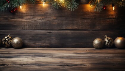 Christmas wooden table and background for product display, banner texture with copy space for text or item placement, spheres and branches at the corners