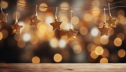 Christmas background, stars decoration hanging above, table top for product placement, wooden surface for item display, bokeh golden blurred lights at the background - obrazy, fototapety, plakaty
