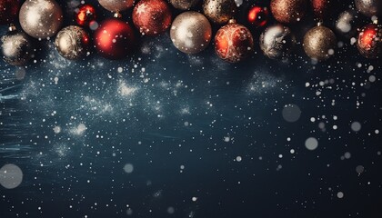 Naklejka premium Christmas blue background, top view of table with colorful baubles decoration spheres and snow particles on the surface