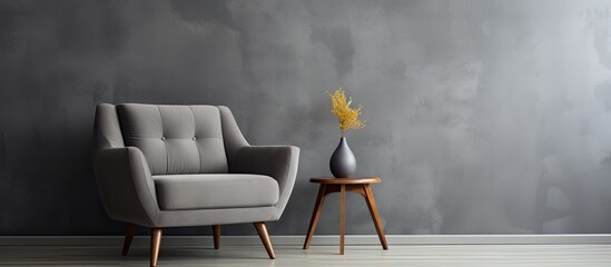 Gray couch and modern chair in home interior.