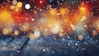 Fototapeta premium wooden table surface with festive abstract background with golden and red particles floating, bokeh lights and blurred glittering colors