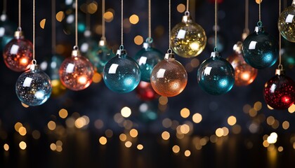 Fototapeta na wymiar beautiful glass Christmas baubles colorful decoration reflective spheres hanging with bokeh golden lights out of focus at the background