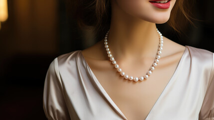 cropped photo of beautiful woman wearing pearl necklace. - obrazy, fototapety, plakaty