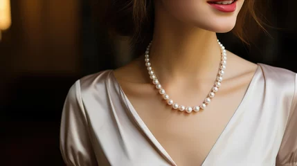 Fotobehang cropped photo of beautiful woman wearing pearl necklace. © mariiaplo