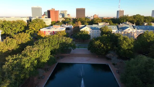 University of South Carolina: Fountain and Reflecting Pool at Thomas Cooper Library. Aerial view.