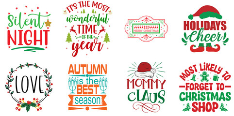 Merry Christmas Inscription Set Christmas Vector Illustration for Gift Card, Mug Design, Printing Press