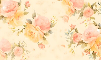 Yellow background with watercolor pink roses,Generative AI