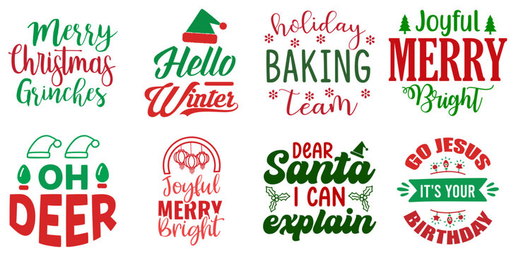 Merry Christmas and Happy New Year Typographic Emblems Set Christmas Vector Illustration for Printable, Advertisement, Icon