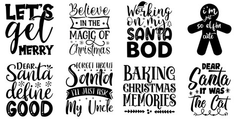 Merry Christmas Calligraphic Lettering Set Christmas Black Vector Illustration for T-Shirt Design, Wrapping Paper, Announcement - obrazy, fototapety, plakaty
