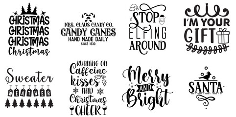 Fototapeta premium Merry Christmas and Happy Holiday Hand Lettering Set Christmas Black Vector Illustration for Bookmark, Icon, Sticker