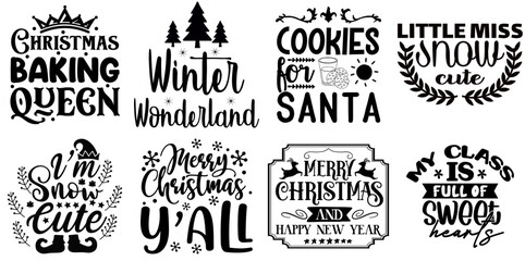 Happy Holiday and Winter Inscription Set Christmas Black Vector Illustration for Book Cover, Logo, Label