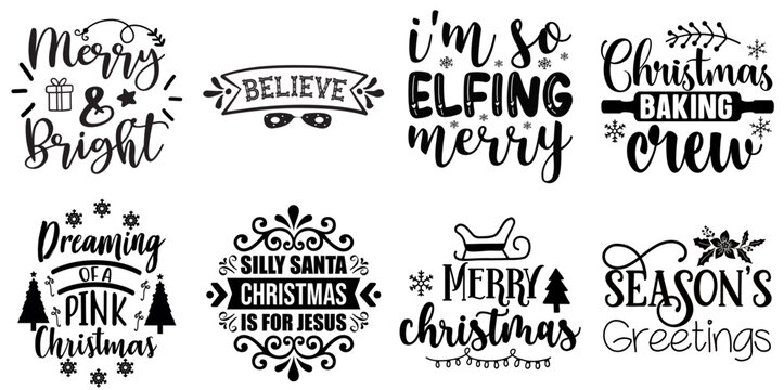 Merry Christmas and Holiday Celebration Typographic Emblems Collection Christmas Black Vector Illustration for Stationery, Announcement, Sticker