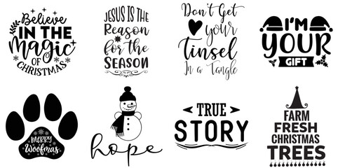 Merry Christmas and New Year Trendy Retro Style Illustration Set Christmas Black Vector Illustration for Poster, Advertising, Decal