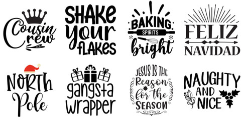 Merry Christmas and Holiday Celebration Typography Bundle Christmas Black Vector Illustration for T-Shirt Design, Printable, Announcement