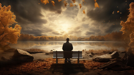 Person on bench facing a tranquil lake. - obrazy, fototapety, plakaty