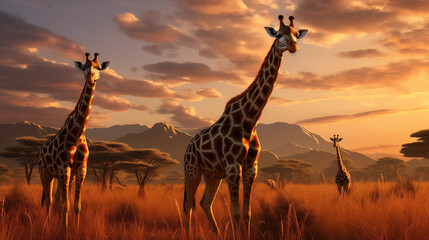 Giraffes in a glowing savannah sunset.
