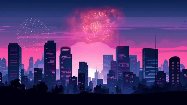 Festival fireworks over silhouettes of city buildings. seamless looping time-lapse virtual 4k video animation background. Generated with AI