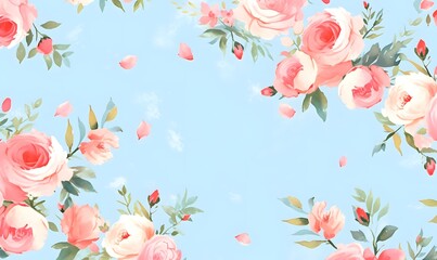 Light blue background with watercolor pink roses, Generative AI