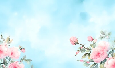 Light blue background with watercolor pink roses, Generative AI