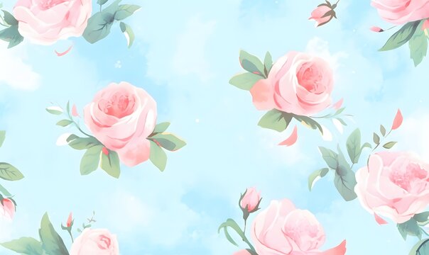 Light blue background with watercolor pink roses, Generative AI