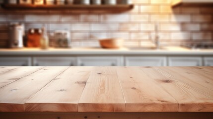 Cozy Kitchen Nook: Clean Wooden Table Surrounded by a Subtle Kitchen Backdrop. Generative AI.