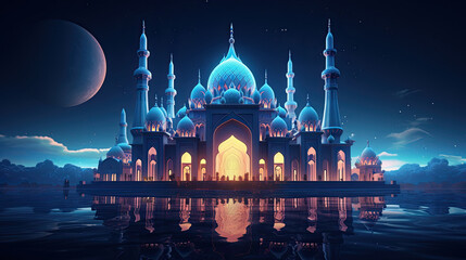 the islamic muslim mosque at night with moon. ramadan kareem concept