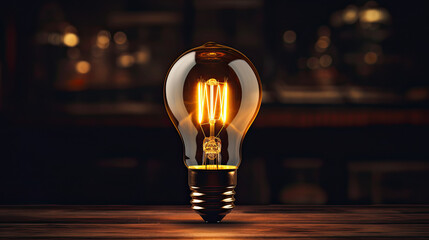 a light bulb lit up on a wooden table in a dark room - obrazy, fototapety, plakaty