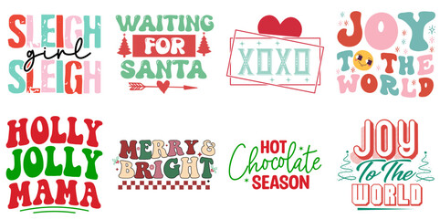 Happy Holiday and Winter Phrase Bundle Retro Christmas Vector Illustration for Advertisement, Printable, Motion Graphics