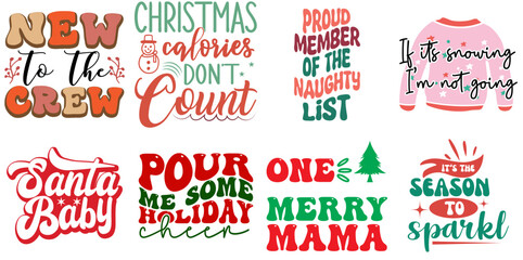 Merry Christmas and Holiday Celebration Calligraphic Lettering Set Retro Christmas Vector Illustration for Label, Flyer, Greeting Card