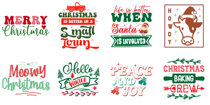 Merry Christmas Hand Lettering Bundle Retro Christmas Vector Illustration for Banner, Gift Card, Presentation