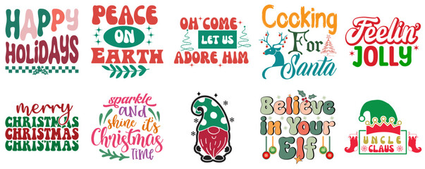 Fototapeta premium Merry Christmas and Holiday Celebration Typography Set Vintage Christmas Vector Illustration for Holiday Cards, Advertising, Brochure