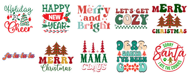 Holiday Celebration and Winter Quotes Set Vintage Christmas Vector Illustration for Mug Design, Decal, Advertisement