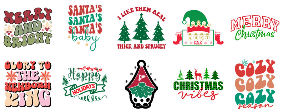 Merry Christmas and Happy Holiday Phrase Set Vintage Christmas Vector Illustration for Social Media Post, Poster, T-Shirt Design