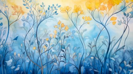 Fototapeta na wymiar Gold flowers, delicate blue leaves art. Navy, yellow floral illustration of full frame multicolored background for winter, summer, or spring field. Ornamental garland plants in wildflower garden