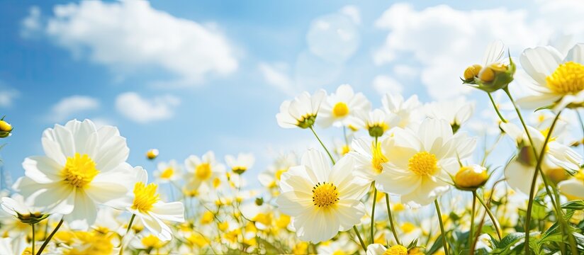 Gorgeous yellow flowers bloom amid white, surrounded by lush green nature under a bright, sunny sky.