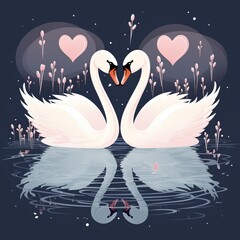 Graceful swans gliding across a pond, Valentine's Day Concept