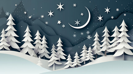 Winter Christmas background with cute paper fir tree. 