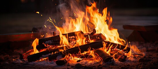 Gorgeous image of bonfire with bright yellow and orange flames symbolizing winter warmth. - obrazy, fototapety, plakaty