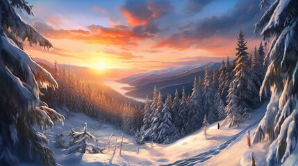 Winter landscape pine trees in snow on background.  - obrazy, fototapety, plakaty